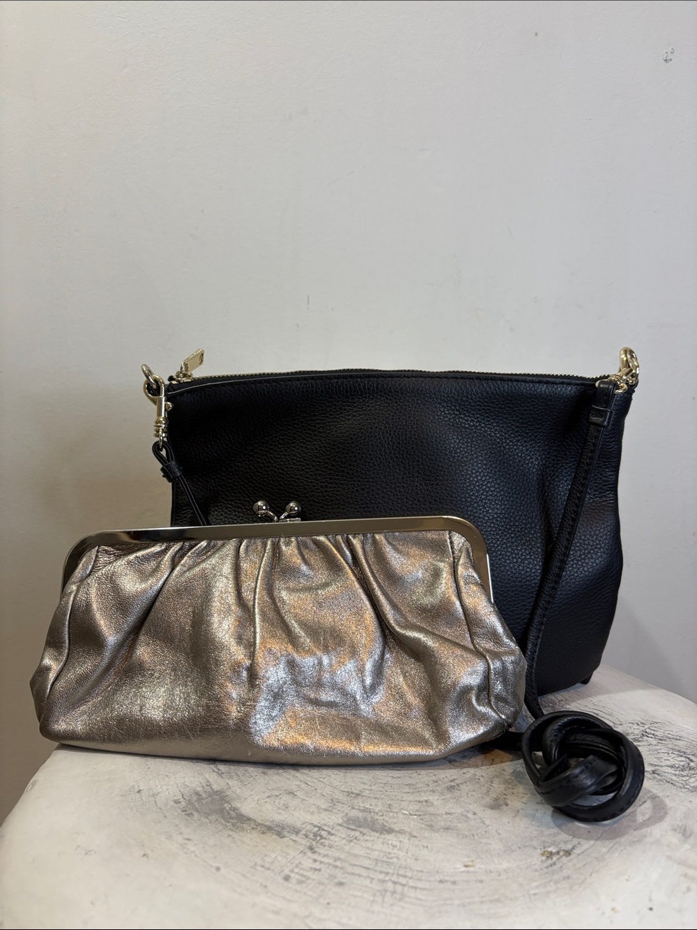 Bundle of Two Express and Banana Republic Bags Black Crossbody Silver Clutch Set